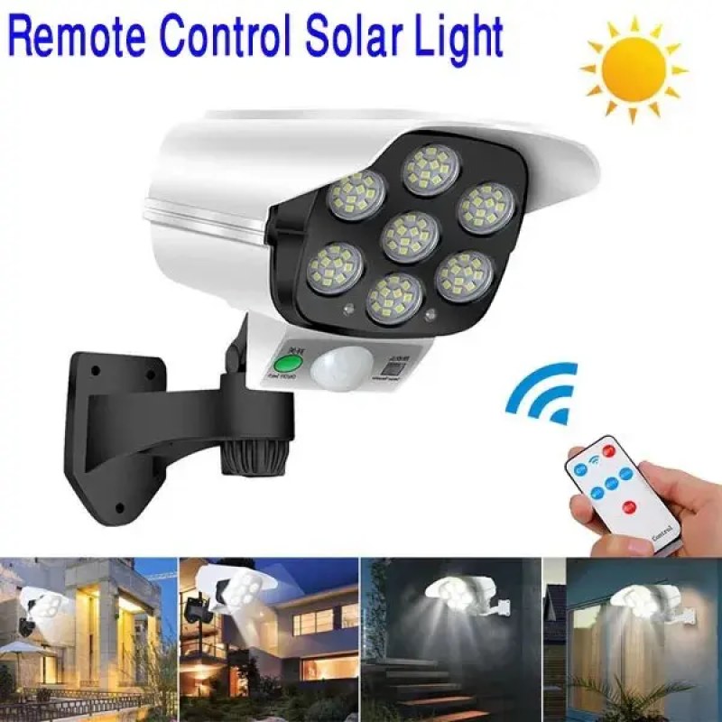 77 LED Solar Security Light with Dummy Camera – PIR Motion Sensor Waterproof Outdoor Wall Lamp with Remote Control, 3 Lighting Modes & Adjustable Angle short nam dao