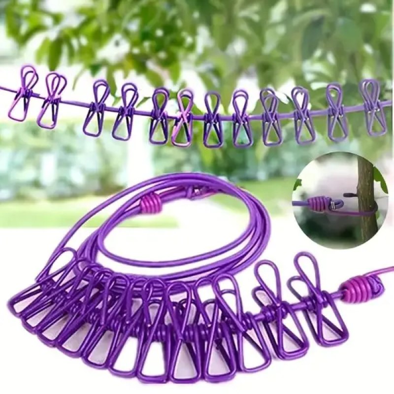 Portable Elastic Clothesline with 12 Clips – Clothes Drying Rope for Indoor & Outdoor