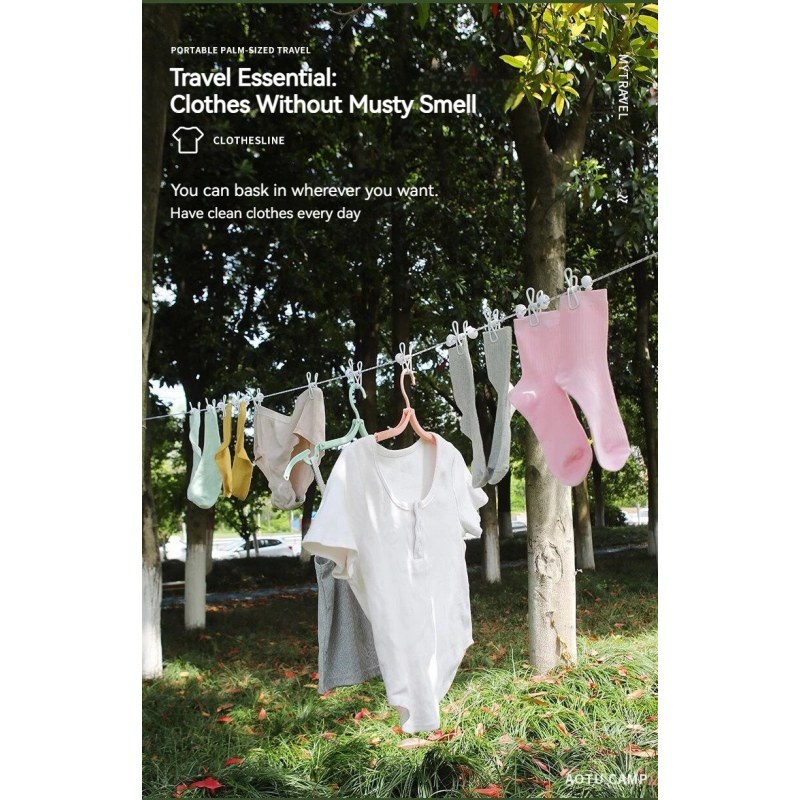 Portable Elastic Clothesline with 12 Clips – Clothes Drying Rope for Indoor & Outdoor