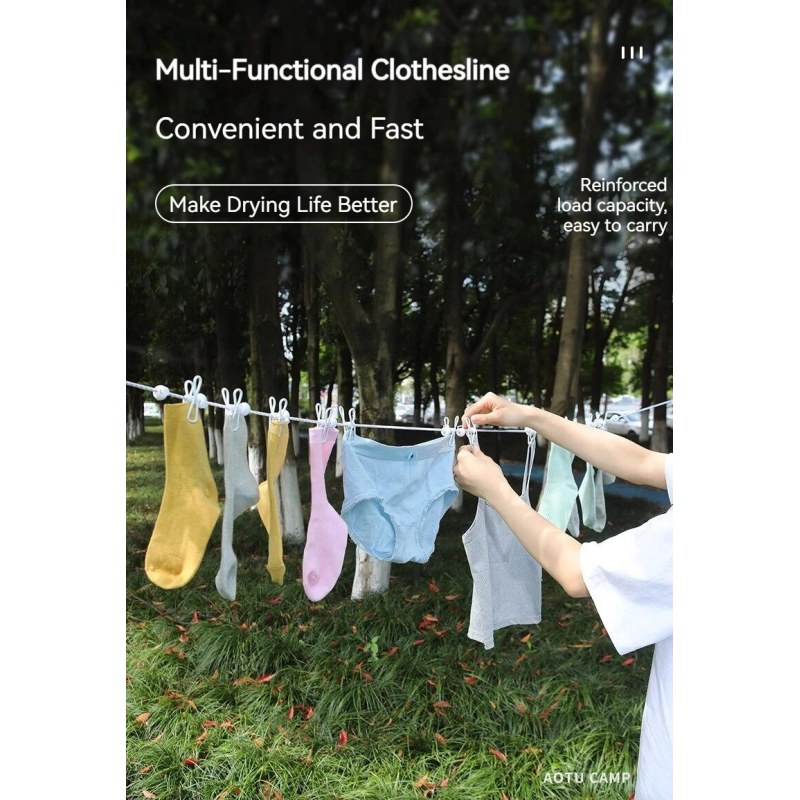 Portable Elastic Clothesline with 12 Clips – Clothes Drying Rope for Indoor & Outdoor