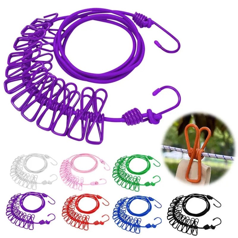 Portable Elastic Clothesline with 12 Clips – Clothes Drying Rope for Indoor & Outdoor